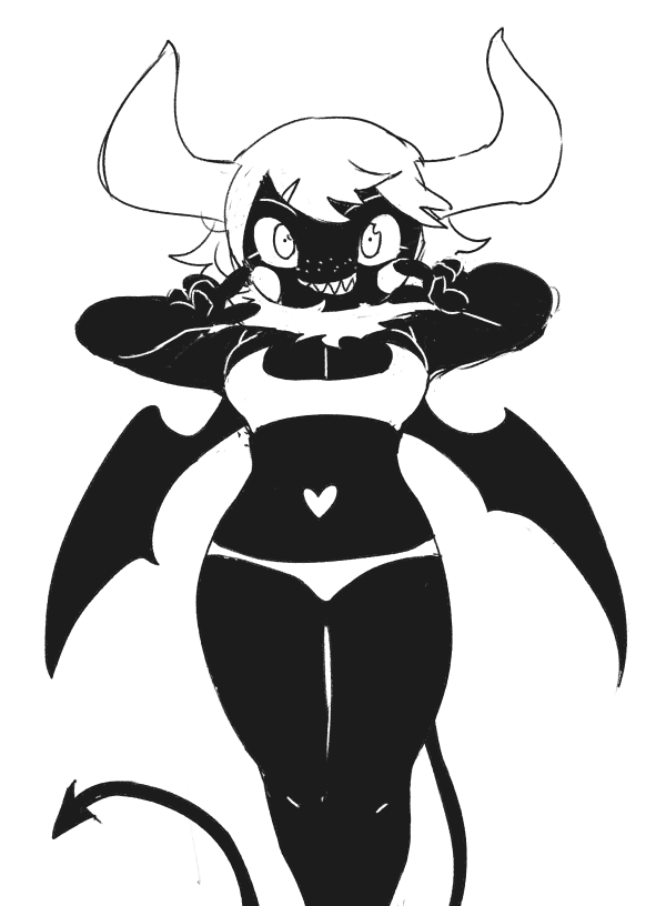 &lt;3 bikini black_and_white breasts cleavage clothed clothing demon failure_succubus freckles fusion grin hair horn monochrome o-den sharp_teeth solo spade_tail swimsuit teeth v_sign wings