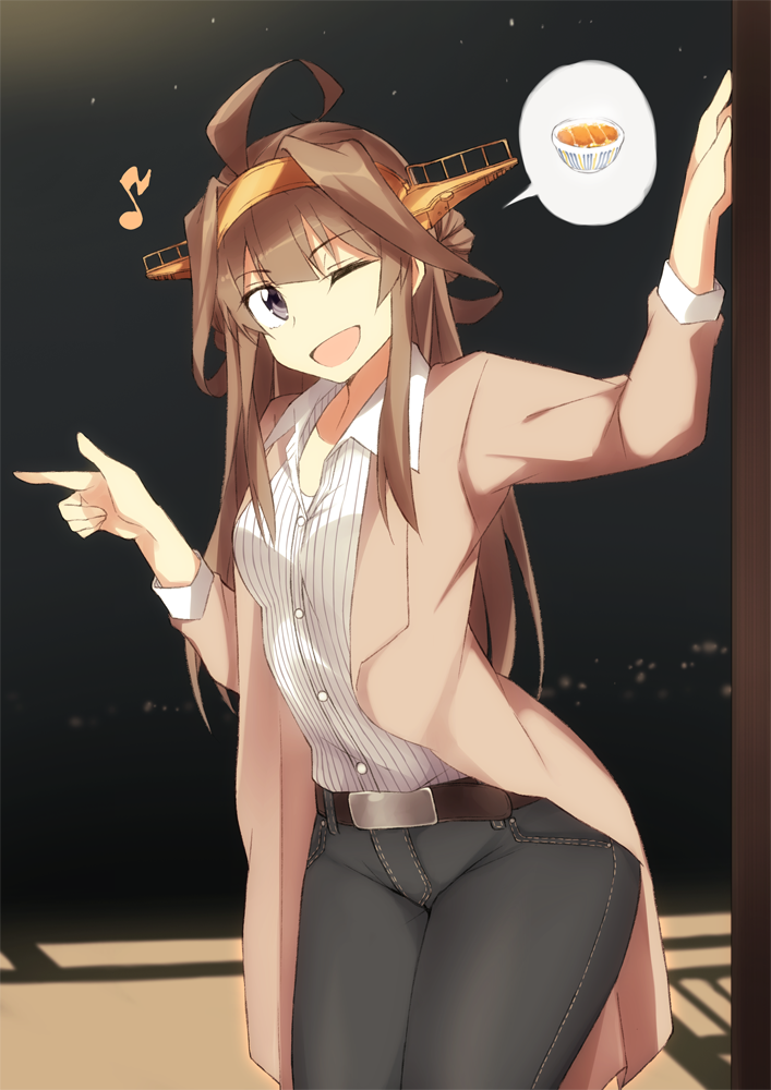 ;d ahoge alternate_costume belt belt_buckle brown_hair buckle commentary denim eighth_note eyebrows eyebrows_visible_through_hair hair_between_eyes headgear jacket jeans kantai_collection katsudon_(food) kongou_(kantai_collection) long_hair long_sleeves looking_at_viewer musical_note night night_sky one_eye_closed open_mouth pants pink_jacket pinstripe_pattern pointing purple_eyes shirt sky smile solo souji spoken_food striped white_shirt