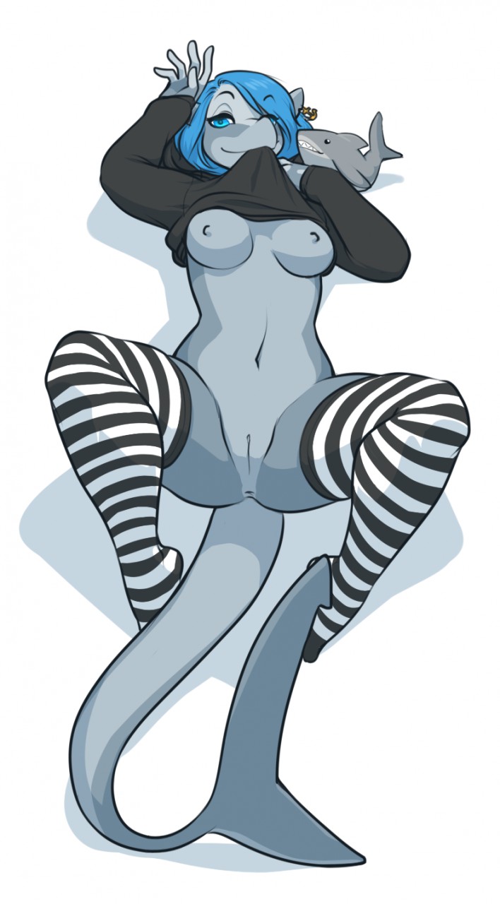 2014 alesia anthro anus bedroom_eyes blue_eyes bottomless breasts clothed clothing clothing_lift digital_media_(artwork) female fish hair half-closed_eyes hi_res kittydee legwear lying marine mouth_hold navel nipples non-mammal_breasts on_back plushie presenting pussy seductive shark shirt shirt_in_mouth shirt_lift simple_background skimpy socks solo spread_legs spreading stockings striped_footwear striped_legwear stripes white_background
