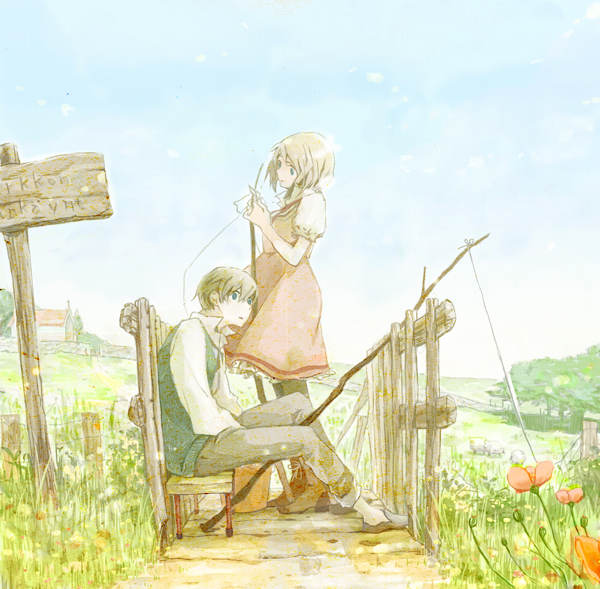 1girl blue_eyes bridge brown_hair commentary day dress fishing fishing_rod flower grass horizon kujyoo light_particles muted_color original path puffy_short_sleeves puffy_sleeves road rural short_hair short_sleeves sign sitting sky tree