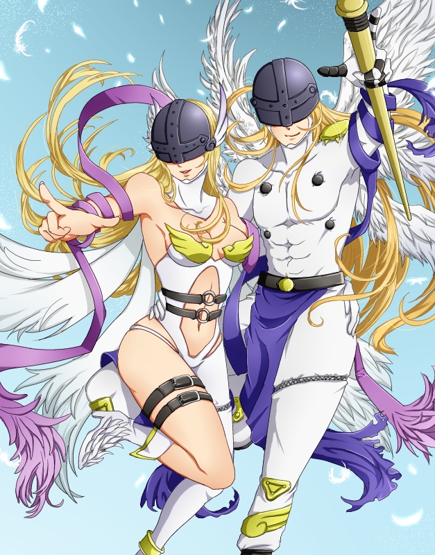 1girl abs angel_wings angemon angewomon armpits asymmetrical_clothes bare_shoulders belt blonde_hair blue_ribbon bodysuit breasts cleavage collarbone commentary_request covered_eyes digimon digimon_adventure digimon_adventure_tri. feathered_wings feathers foreshortening gloves helmet high_heels loincloth long_hair looking_at_viewer medium_breasts midriff multiple_wings navel nue_(himetemari) purple_ribbon ribbon seraph shoes sideboob single_glove smile stomach thigh_strap white_footwear white_gloves white_wings winged_helmet wings