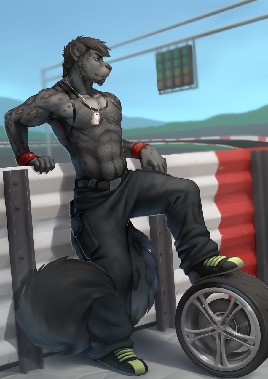 abs anthro armpits beard black_fur black_hair black_nose blue_eyes clothed clothing detailed_background dog_tags facial_hair fluffy fluffy_tail fur grey_fur hair male mammal outside sky solo standing wolfy-nail