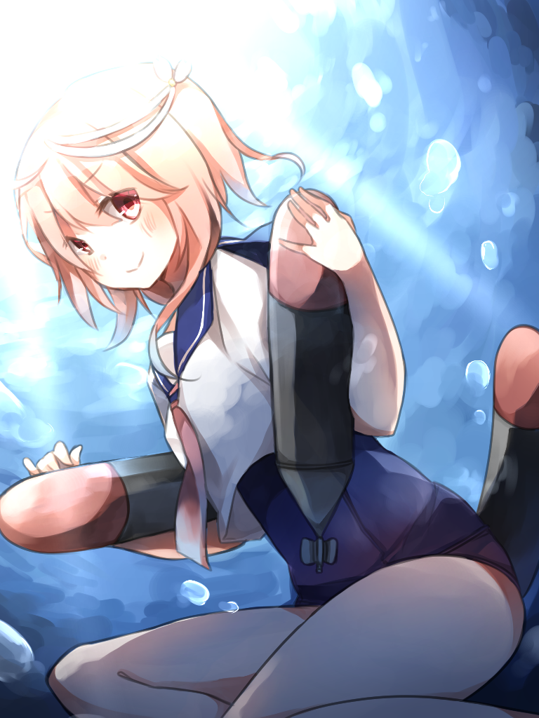 ahoge bad_id bad_pixiv_id barefoot commentary_request hair_ornament i-58_(kantai_collection) kantai_collection kyusai_kuma neckerchief one-piece_swimsuit pink_eyes pink_hair school_swimsuit school_uniform serafuku short_hair smile solo swimsuit swimsuit_under_clothes torpedo underwater