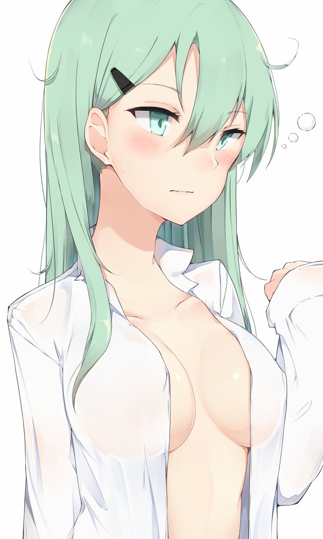 breasts cole collarbone commentary_request eyebrows eyebrows_visible_through_hair green_eyes green_hair hair_between_eyes hair_ornament hairclip kantai_collection large_breasts long_hair long_sleeves messy_hair open_clothes open_shirt see-through shirt simple_background skirt sleeves_past_wrists solo suzuya_(kantai_collection) white_background white_skirt