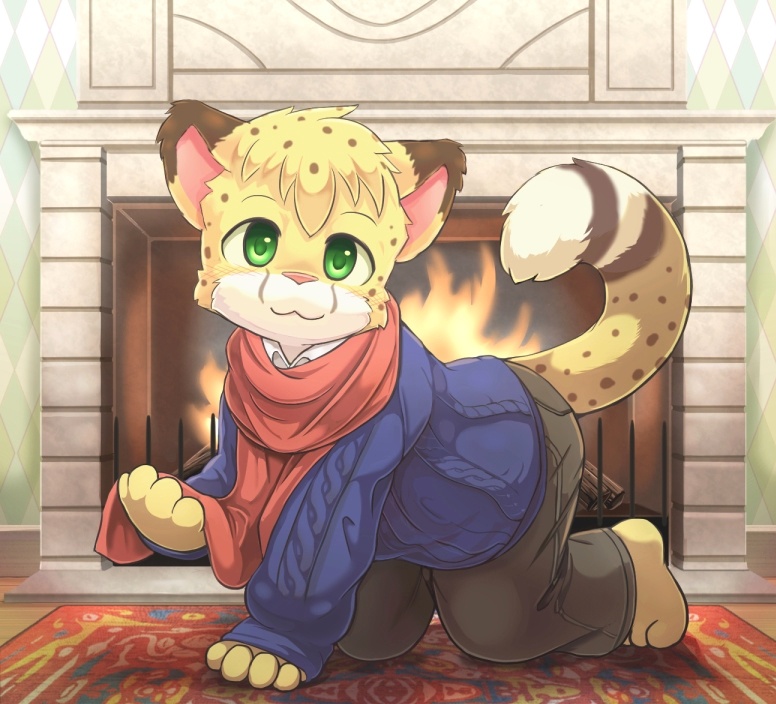 all_fours anthro cheetah clothing coat cub cute feline fire fireplace green_eyes inside looking_at_viewer male mammal pants salmy scarf solo yojoo young