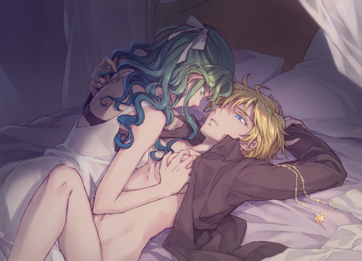 bed bishoujo_senshi_sailor_moon black_bra black_shirt blonde_hair blue_eyes bow bra breast_grab breasts couple eye_contact grabbing green_hair hair_bow jewelry jewelry_removed kaiou_michiru long_hair looking_at_another multiple_girls naked_shirt necklace necklace_removed nezumipl no_panties pillow see-through shirt short_hair skirt ten'ou_haruka underwear very_short_hair white_bow white_skirt yuri