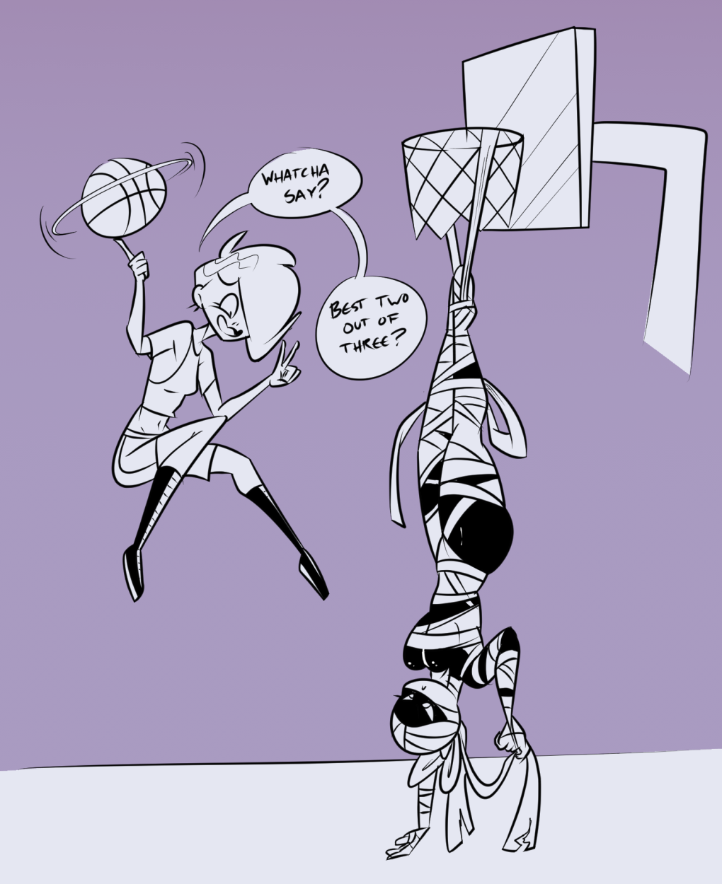 angry anthro basketball breasts dabbledraws duo english_text female frown ghost ghoul_school mummy phantasma_phantom scooby-doo_(series) simple_background spirit tanis_mummy text thick_thighs undead upside_down v_sign