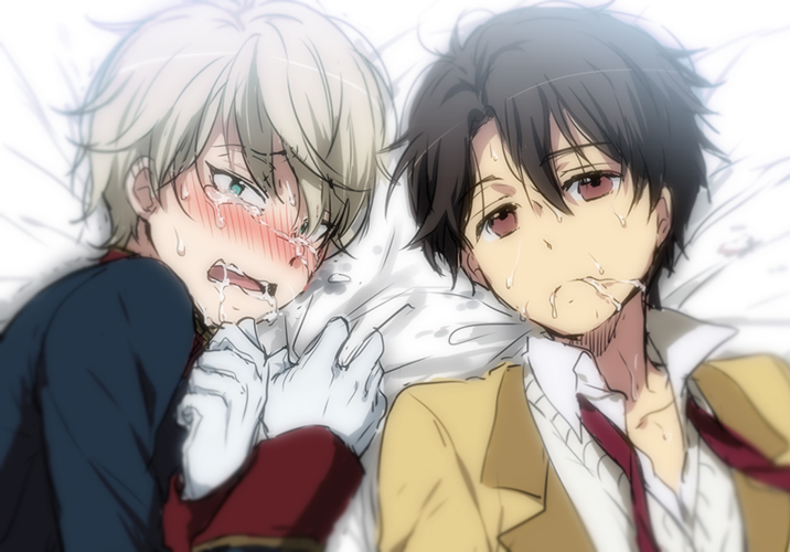 aldnoah.zero blush brown_eyes brown_hair cum cum_in_mouth cum_on_hair expressionless green_eyes kaizuka_inaho kl male_focus military military_uniform multiple_boys necktie on_bed saliva school_uniform sexually_suggestive silver_hair slaine_troyard sweat tears uniform