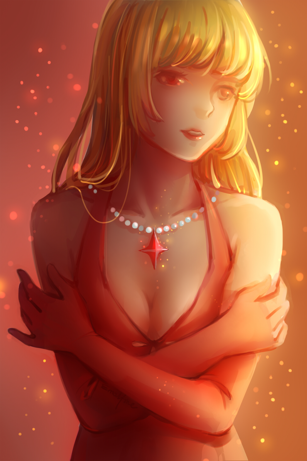 blonde_hair breasts cleavage dress elbow_gloves elysion emalfire evening_gown gloves highres jewelry long_hair medium_breasts necklace parted_lips pearl_necklace self_hug sketch solo sound_horizon stella_(sound_horizon) upper_body