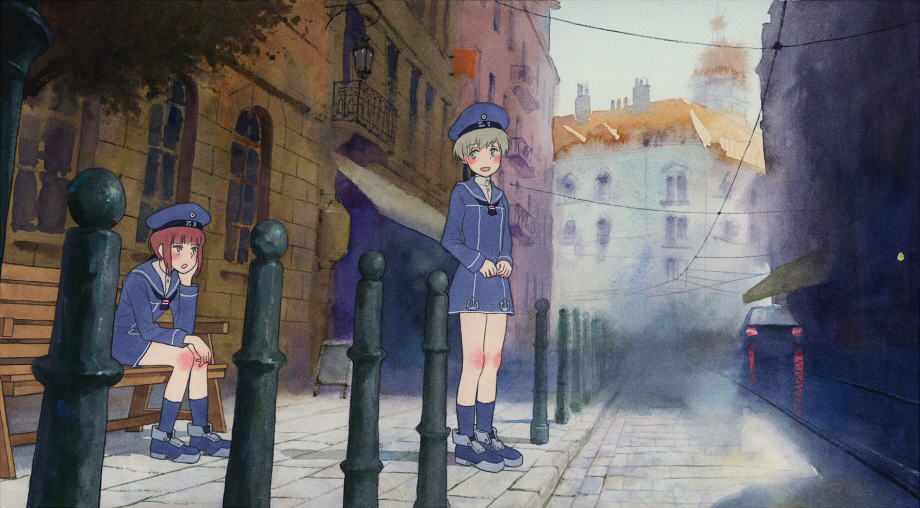 :d :o blonde_hair blush building dress hand_on_own_cheek hat kantai_collection looking_at_another multiple_girls neckerchief open_mouth road sailor_collar sailor_dress sailor_hat shijukara_(great_tit) short_hair sitting_on_bench smile socks standing traditional_media watercolor_(medium) z1_leberecht_maass_(kantai_collection) z3_max_schultz_(kantai_collection)