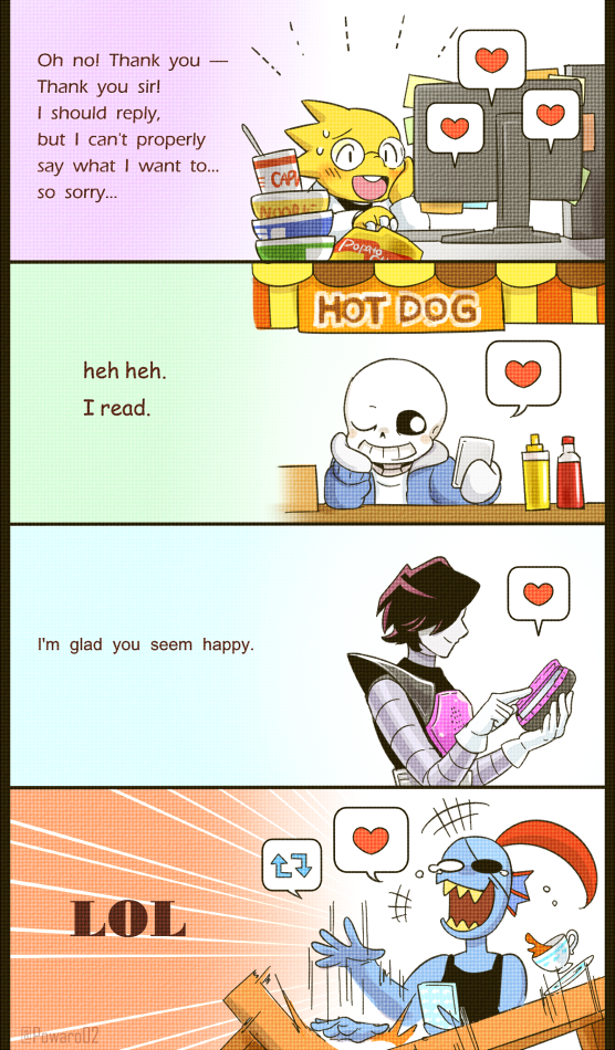 &lt;3 alphys anthro beverage bone chips_(disambiguation) clothed clothing comic computer english_text eye_patch eyewear fish food glasses hair ketchup lizard machine marine mettaton phone powaro02 reptile robot sans_(undertale) scalie skeleton tea text undertale undyne video_games