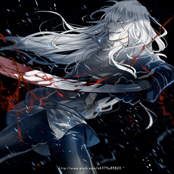 1boy black_gloves black_handwear black_outerwear blood blood_splatter gloves glow glowing_eyes grin gui katekyo_hitman_reborn! long_hair splatter superbi_squalo sword