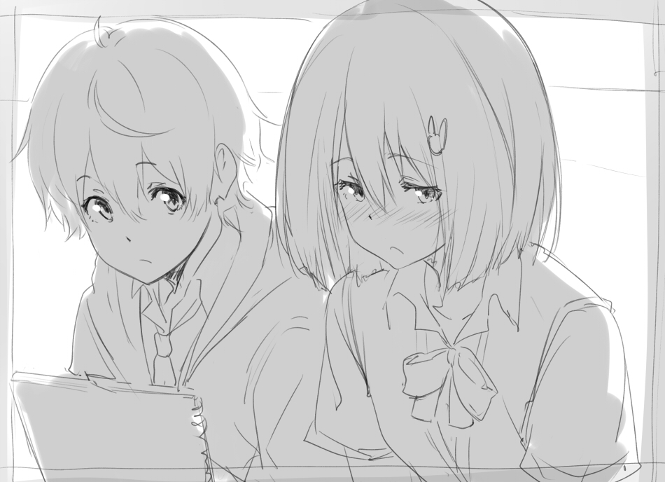 1girl ahoge blush bow bunny_hair_ornament greyscale hair_between_eyes hair_ornament isshiki_(ffmania7) kono_bijutsubu_niwa_mondai_ga_aru! looking_at_viewer looking_to_the_side monochrome necktie notebook school_uniform shirt sketch uchimaki_subaru usami_mizuki vest white_background