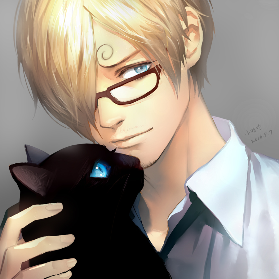 1boy 2016 asymmetrical_bangs bespectacled black_cat_(animal) black_necktie blonde_hair blue_eyes bust cat dress_shirt glasses hair_over_one_eye male_focus necktie one_piece pixiv_id_4407132 sanji solo white_shirt