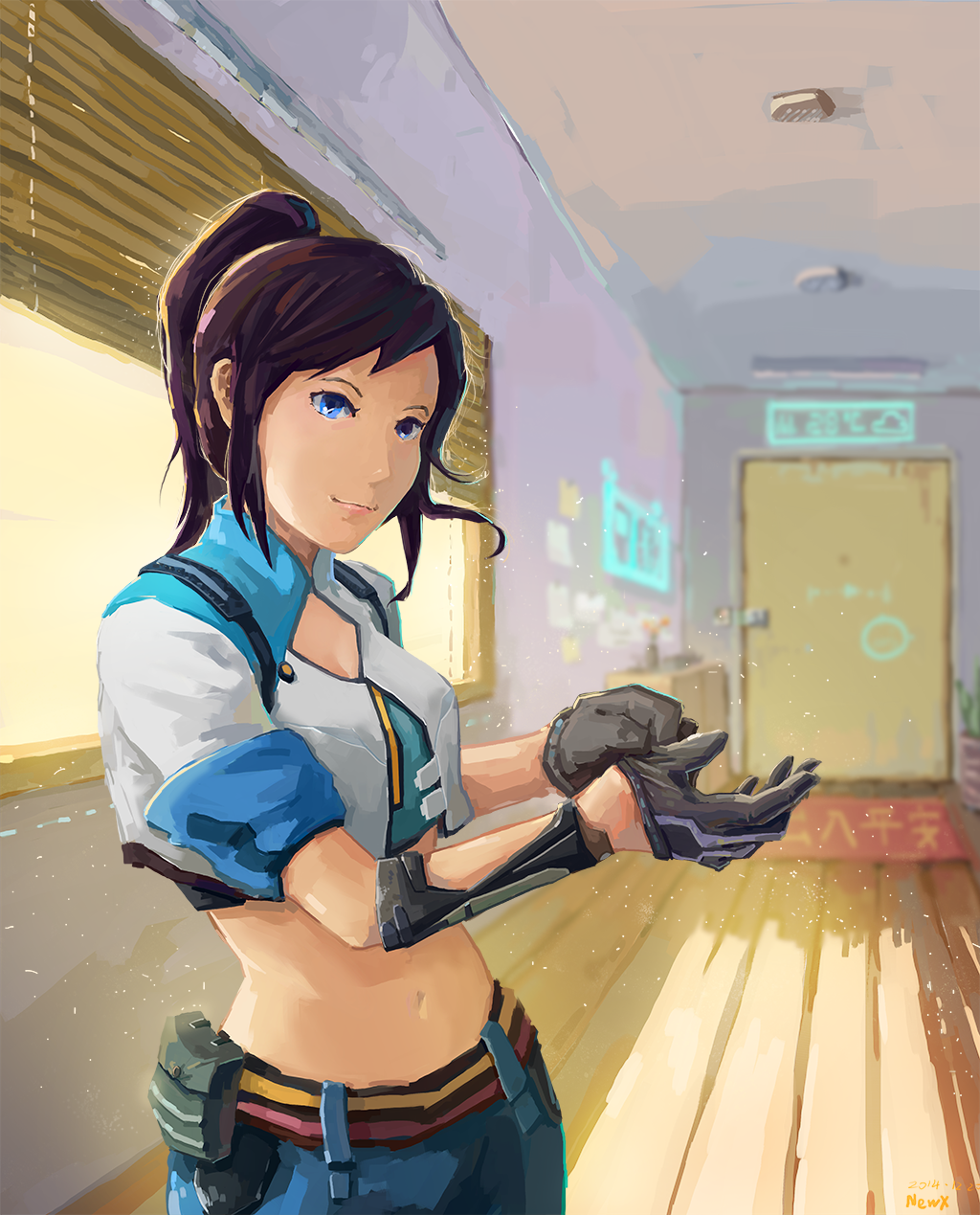 blue_eyes brown_hair cropped_jacket gloves highres midriff nanocore navel newx ponytail sketch smile solo window