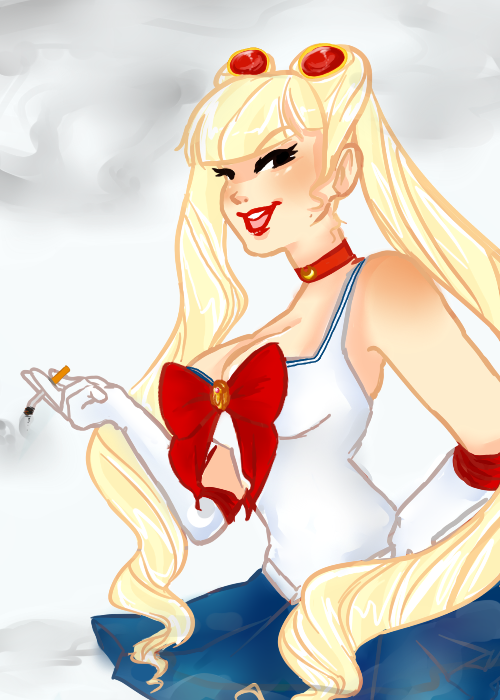 1girl adapted_costume bangs bishoujo_senshi_sailor_moon blonde_hair bow choker cigarette cleavage earrings forehead_mark gloves hand_on_hip lipstick long_hair pathesisx sailor_moon smile smoking solo tsukino_usagi twintails victory_rolls white_gloves