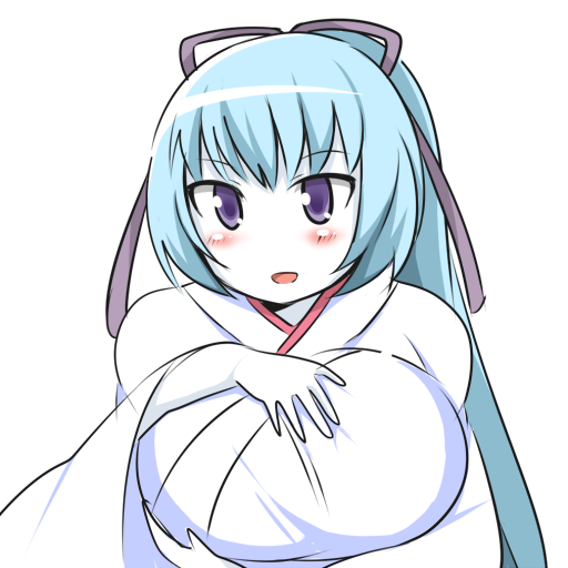 aoi_(gegege_no_kitarou) breasts gegege_no_kitarou hair_ribbon hands_on_own_chest huge_breasts japanese_clothes mikagelove miko open_mouth pale_skin ponytail ribbon solo yuki_onna
