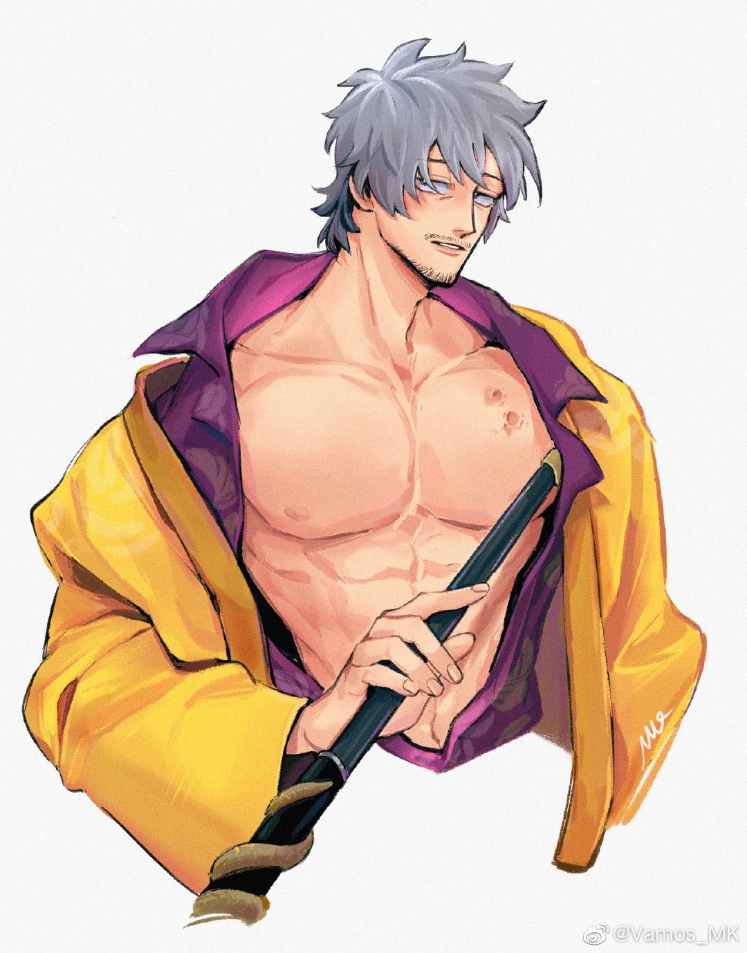 1boy bara bare_pectorals buddy_mission_bond coat cropped_legs facial_hair grey_hair gunshot_wound highres looking_at_viewer male_focus mokuma_(buddy_mission_bond) mustache nipples parted_lips pectorals purple_shirt shirt short_hair simple_background solo v-taper vamos_mk white_background yellow_coat