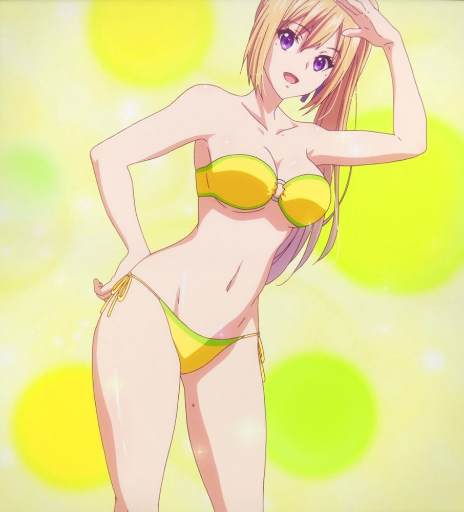 bikini blonde_hair breasts high_resolution kawakami_mai long_hair musaigen_no_phantom_world ponytail purple_eyes screen_capture screencap sexy swimsuit violet_eyes white_skin