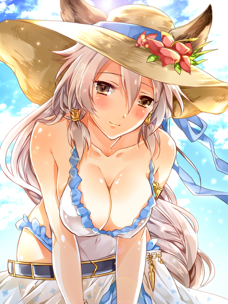 animal_ears bare_shoulders breasts brown_eyes cleavage cloud commentary_request covered_navel day ears_through_headwear erune flower granblue_fantasy hair_between_eyes hair_tubes hanging_breasts hat hat_flower heles highres large_breasts leaning_forward long_hair looking_at_viewer one-piece_swimsuit raimu_(yuzu-raimu) sarong silver_hair solo sun_hat swimsuit white_swimsuit