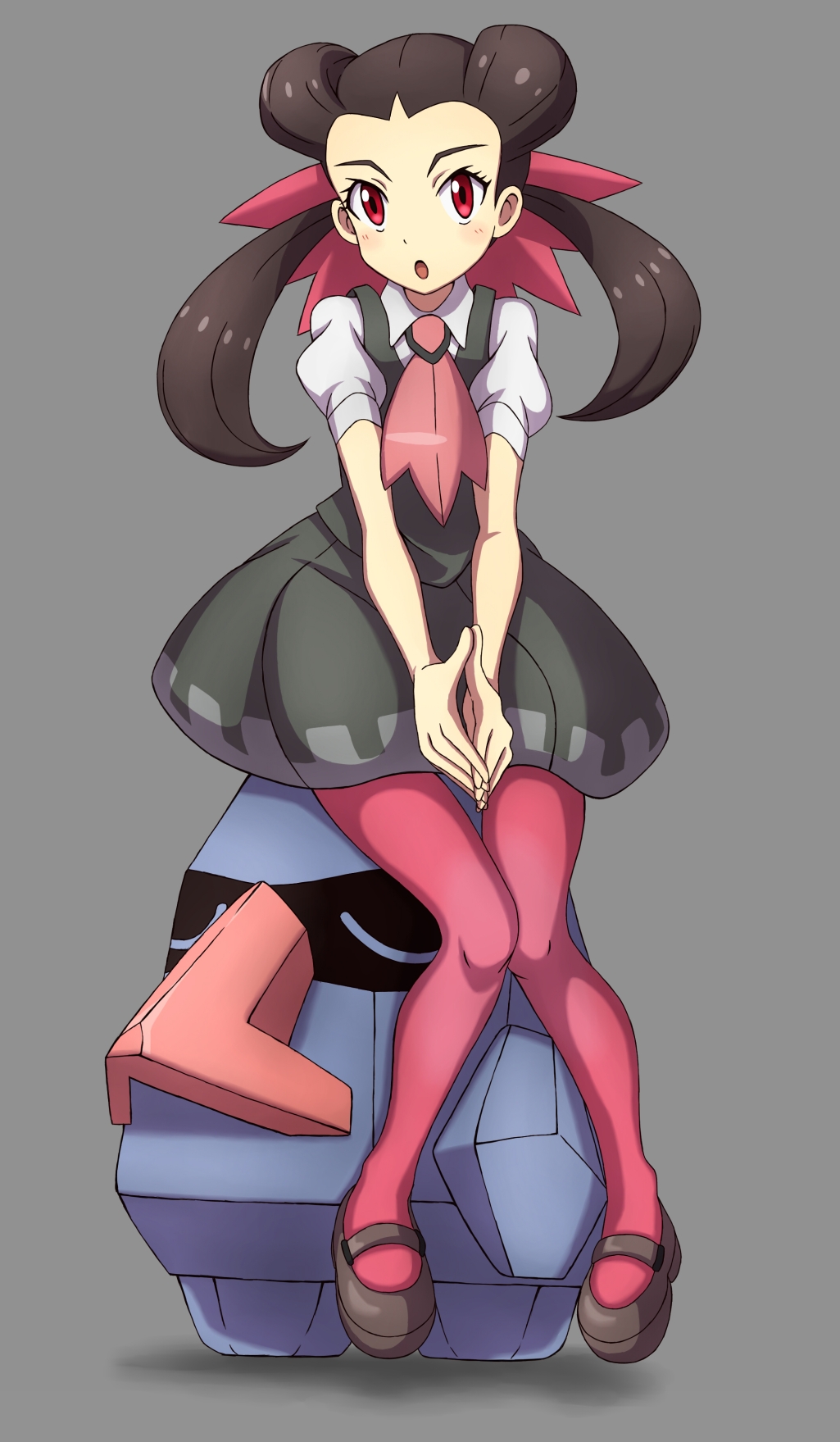 black_footwear brown_hair dress full_body gen_3_pokemon grey_background grey_dress hair_ornament hair_pulled_back highres looking_at_viewer mary_janes nosepass open_mouth pantyhose pink_legwear pokemon pokemon_(creature) pokemon_(game) pokemon_oras red_eyes shoes tsutsuji_(pokemon) twintails you_(maumauyo)