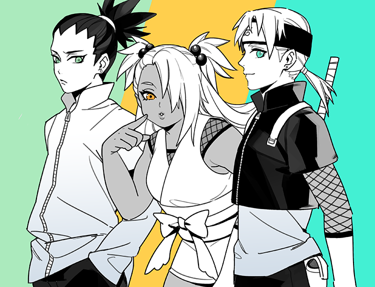 2boys akimichi_chouchou black_hair blue_eyes boruto:_naruto_next_generations facial_mark fishnets forehead_mark ginmu green_eyes hair_over_one_eye hands_in_pockets high_ponytail japanese_clothes looking_at_viewer multiple_boys nara_shikadai naruto naruto_(series) ponytail spot_color yamanaka_inojin yellow_eyes zipper