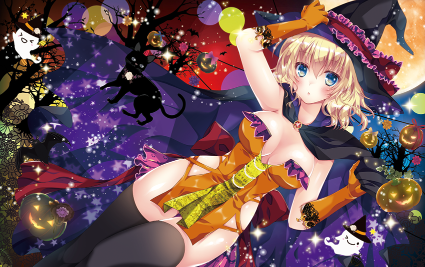 &gt;_&lt; :d :o ;) adjusting_clothes adjusting_hat alice_margatroid alternate_costume ass_visible_through_thighs black_cape black_cat black_hat black_legwear blonde_hair blue_eyes blush bow breasts cape cat cleavage closed_eyes commentary_request dress full_moon ghost gloves halloween halloween_costume hat jack-o'-lantern lace lace-trimmed_gloves large_breasts looking_at_viewer microdress moon no_bra no_panties one_eye_closed open_mouth orange_dress orange_gloves pekopokox pelvic_curtain red_bow revealing_clothes short_hair smile solo sparkle star thighhighs touhou tree_shade witch_hat xd