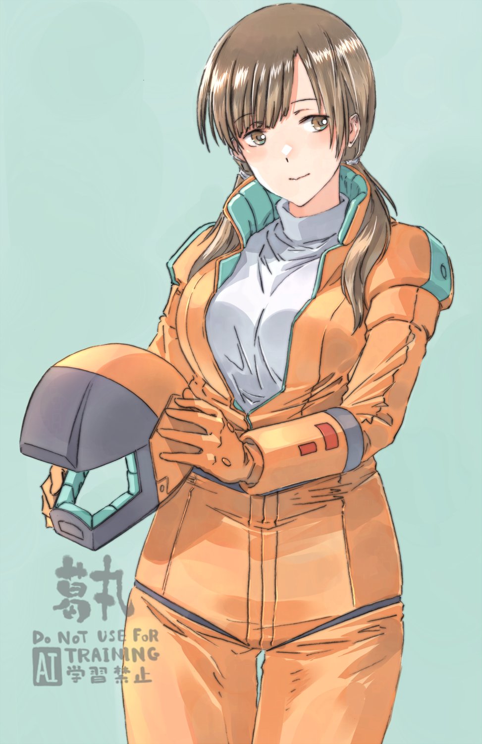 1girl advance_of_zeta avey_alva blue_background bodysuit breasts brown_eyes brown_hair closed_mouth commentary_request commission gloves gundam helmet highres holding holding_helmet large_breasts low_twintails orange_bodysuit orange_gloves simple_background skeb_commission solo suzumaru sweater turtleneck turtleneck_sweater twintails watermark white_sweater zeta_gundam
