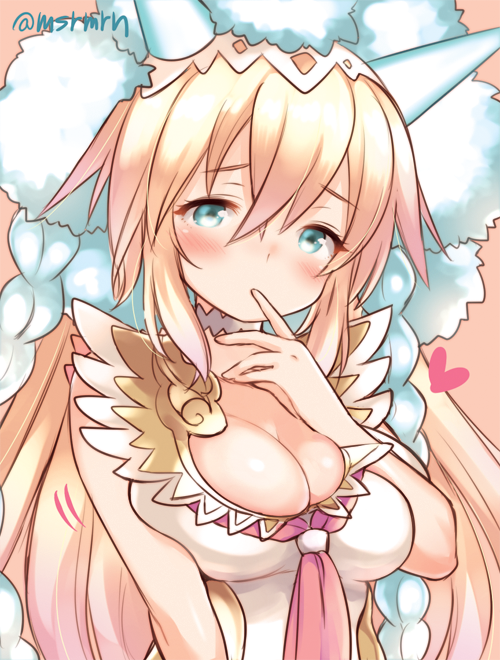 aqua_eyes blonde_hair blush breasts choker cleavage deep_skin fantasy finger_to_mouth fur_trim gold_trim half-closed_eyes headdress heart horns large_breasts long_hair looking_at_viewer marshmallow_mille pink_neckwear puzzle_&amp;_dragons sakuya_(p&amp;d) solo