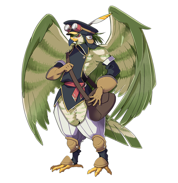 anthro avian beak clothed clothing detached_sleeves eyewear feathers goggles green_feathers hat japanese looking_at_viewer mailbag male official_art red_eyes simple_background solo video_games wander_crown ヒエン