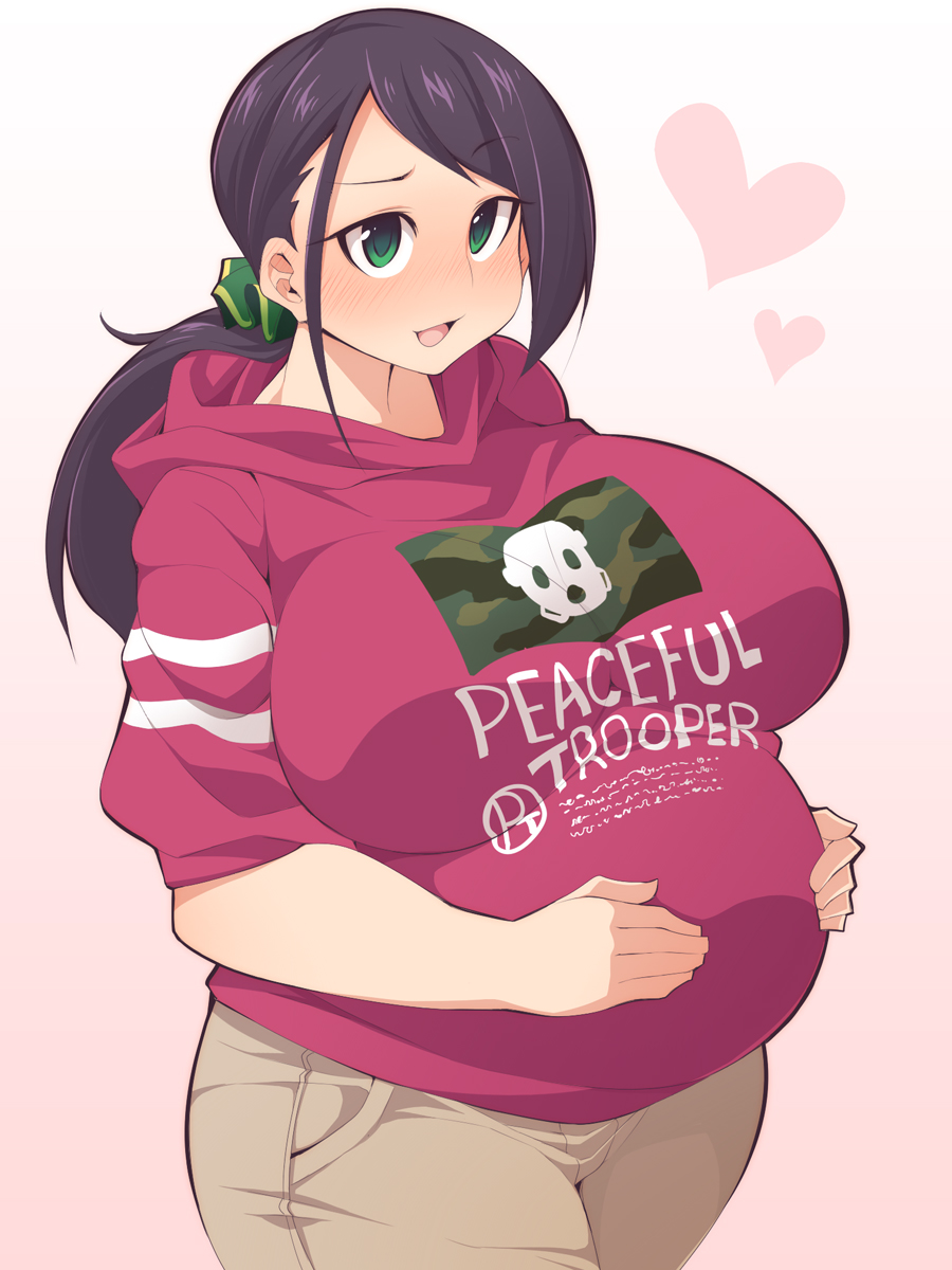 bad_id bad_pixiv_id black_hair breasts clothes_writing commentary_request green_eyes hands_on_own_stomach heart highres hood hood_down hoodie idolmaster idolmaster_cinderella_girls large_breasts long_hair pants ponytail pregnant smile solo ushi yamato_aki