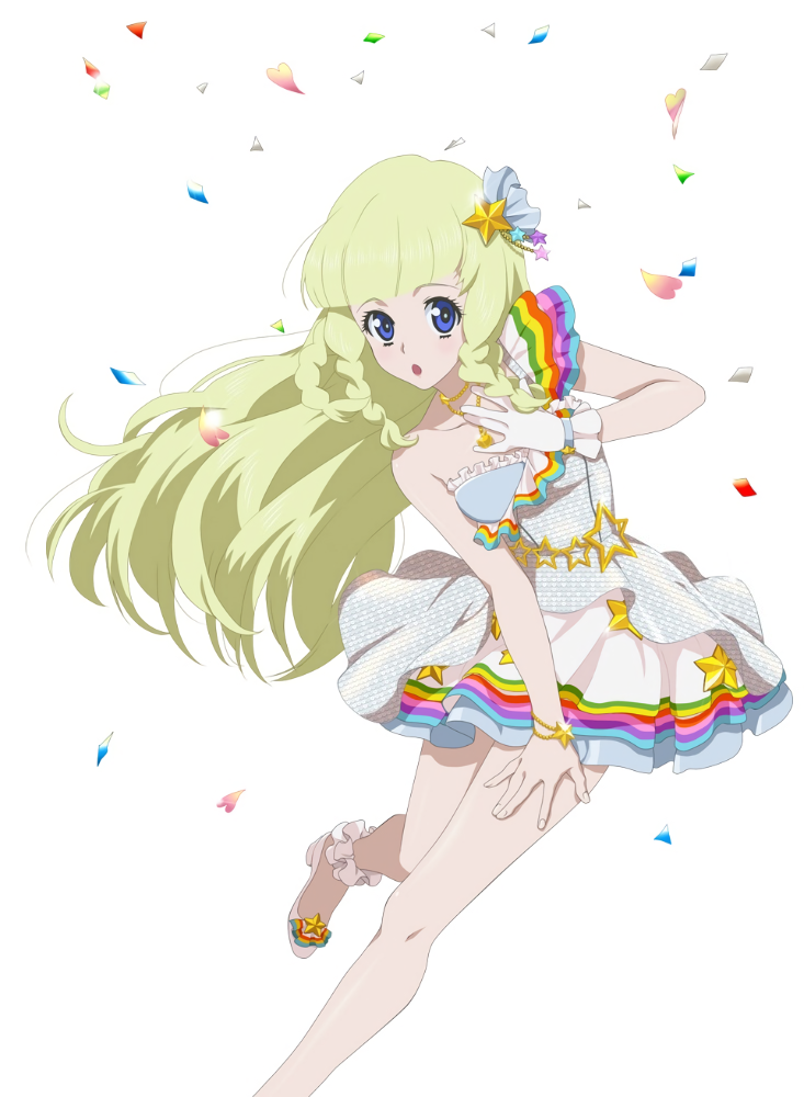 :o blonde_hair blue_eyes bracelet braid dress gloves hair_ornament idol jewelry long_hair multicolored multicolored_stripes necklace official_art rainbow_order shirley_fennes simple_background single_glove solo striped tales_of_(series) tales_of_legendia tales_of_link white_background