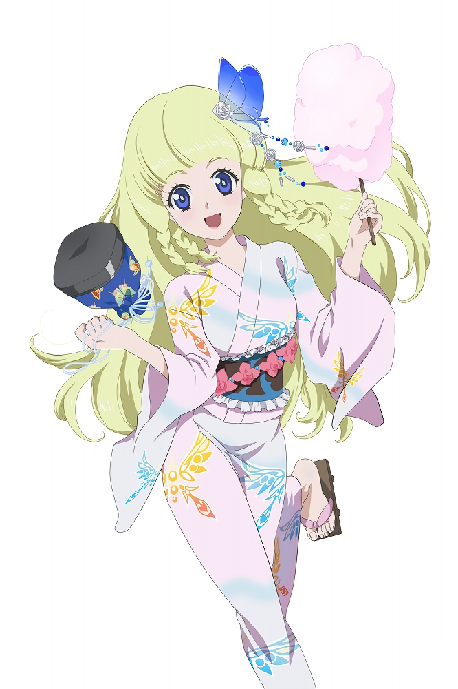 blonde_hair blue_eyes cotton_candy hair_ornament holding japanese_clothes kimono leg_lift long_hair long_sleeves looking_at_viewer official_art open_mouth print_kimono sandals shirley_fennes simple_background solo tales_of_(series) tales_of_legendia tales_of_link white_background white_kimono wide_sleeves yukata
