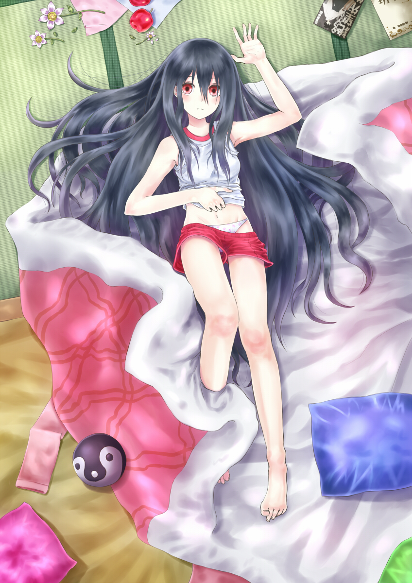 bare_shoulders barefoot black_hair highres komori_kiri long_hair looking_at_viewer lying on_back panties pants red_eyes sayonara_zetsubou_sensei solo taked underwear undressing