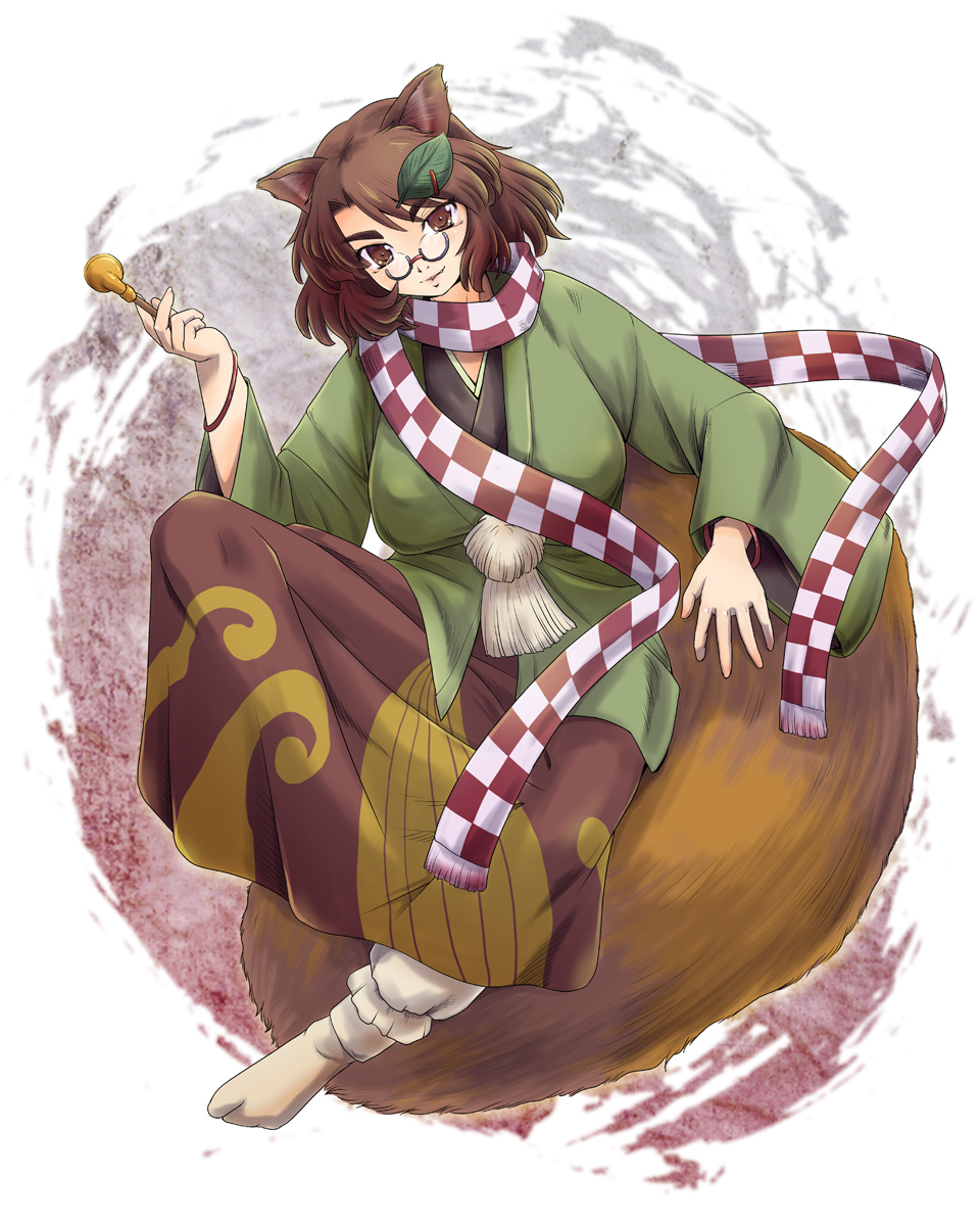 animal_ears bracelet breasts brown_eyes brown_hair checkered checkered_scarf futatsuiwa_mamizou glasses gradient gradient_background hair_ornament head_tilt highres jacket japanese_clothes jewelry kimono leaf_hair_ornament light_smile long_sleeves looking_at_viewer medium_breasts pince-nez pipe raccoon_ears raccoon_tail scarf semi-rimless_eyewear short_hair sitting_on_own_tail solo tabi tail touhou under-rim_eyewear usagi_niku