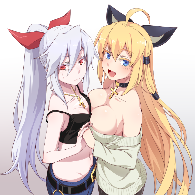 :d ahoge asymmetrical_docking bare_shoulders blonde_hair blue_eyes borrowed_character bow breast_conscious breast_press breasts camisole choker cleavage cross cross_necklace fang glint gradient gradient_background hair_between_eyes hair_bow hair_tubes holding_hands interlocked_fingers jewelry large_breasts long_hair looking_at_viewer midriff multiple_girls navel necklace open_mouth original ponytail red_eyes silver_hair simple_background small_breasts smile strap_slip sweatdrop sweater very_long_hair yagi_(ningen)