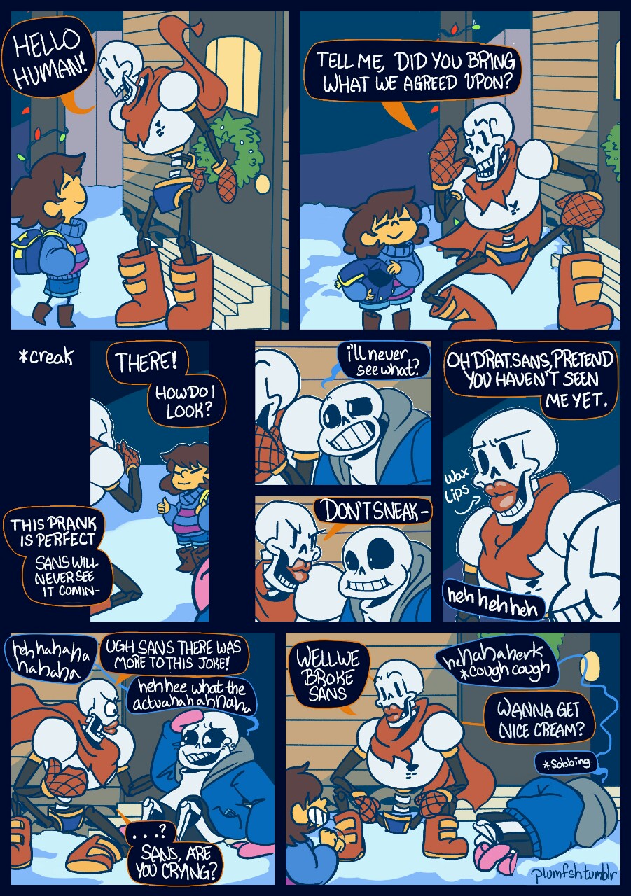 animated_skeleton backpack bone christmas_lights comic dialogue human humor mammal papyrus_(undertale) plumfsh protagonist_(undertale) sans_(undertale) skeleton snow undead undertale video_games