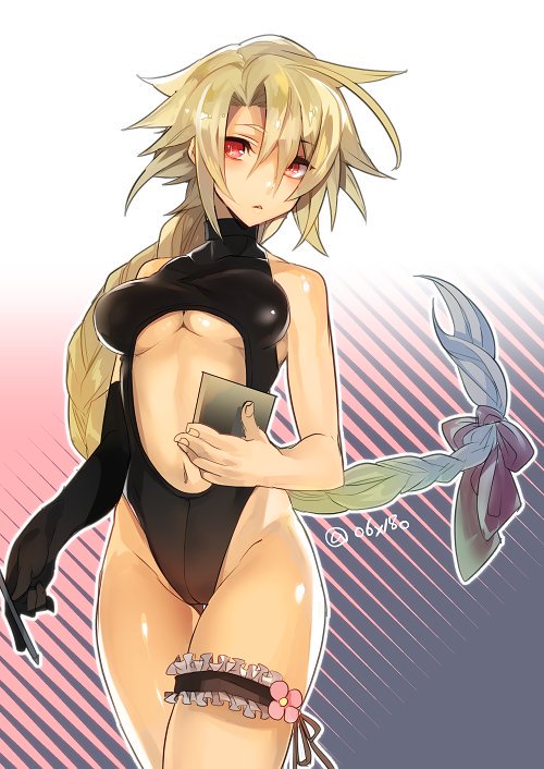 bare_shoulders black_gloves black_swimsuit blazblue blonde_hair bow braid breasts casual_one-piece_swimsuit center_opening cleavage cowboy_shot elbow_gloves gloves groin hair_between_eyes halterneck highleg highleg_swimsuit hyakuhachi_(over3) image_sample lambda-11 leg_garter long_hair looking_at_viewer medium_breasts navel one-piece_swimsuit pen red_eyes ribbon shiny shiny_clothes shiny_hair shiny_skin single_braid single_elbow_glove skin_tight solo swimsuit thigh_gap turtleneck twitter_sample underboob