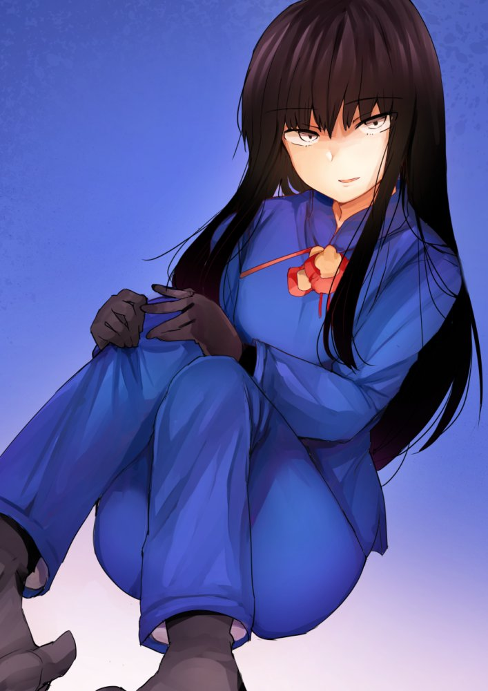 barefoot black_hair chinese_clothes decoration_disorder_disconnection gradient gradient_background hands_on_own_knees karyou_kaie long_hair long_sleeves looking_at_viewer male_focus otoko_no_ko sabujiroko silver_eyes sitting solo type-moon