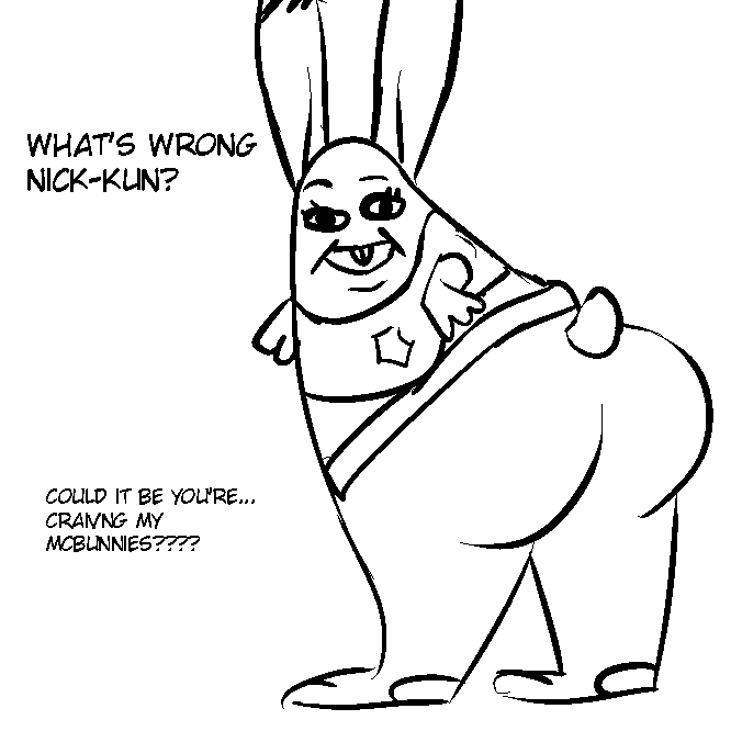 2016 anthro black_and_white butt clothed clothing crossover dialogue disney english_text female grimace_(mcdonalds) judy_hopps lagomorph looking_at_viewer looking_back mammal mcdonalds monochrome rabbit rear_view replytoanons simple_background solo text what what_has_science_done white_background zootopia