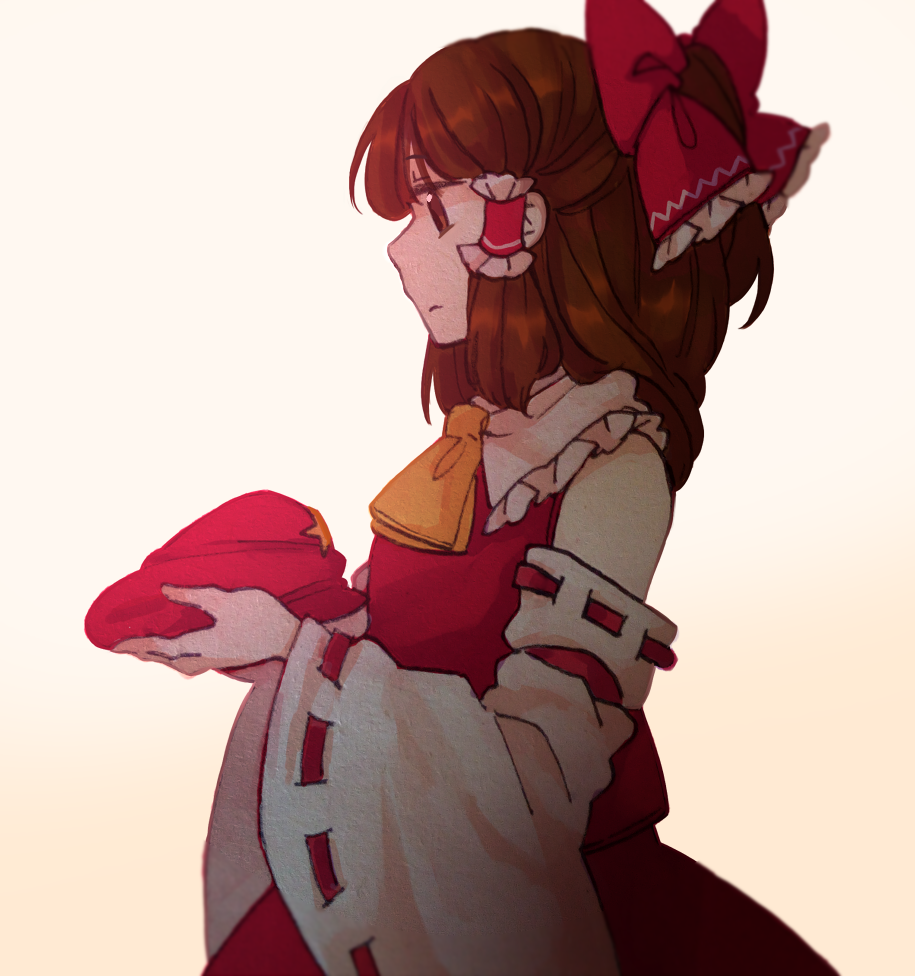 ascot bare_shoulders borrowed_garments bow brown_eyes brown_hair closed_mouth cowboy_shot detached_sleeves dolls_in_pseudo_paradise flat_cap flat_chest frills from_side frown gradient gradient_background hair_bow hair_tubes hakurei_reimu half_updo hat hat_removed headwear_removed holding holding_hat label_girl_(dipp) looking_away nekolina nontraditional_miko profile red_bow red_hat red_skirt red_vest ribbon-trimmed_sleeves ribbon_trim sidelocks skirt skirt_set solo star touhou upper_body vest white_sleeves wide_sleeves