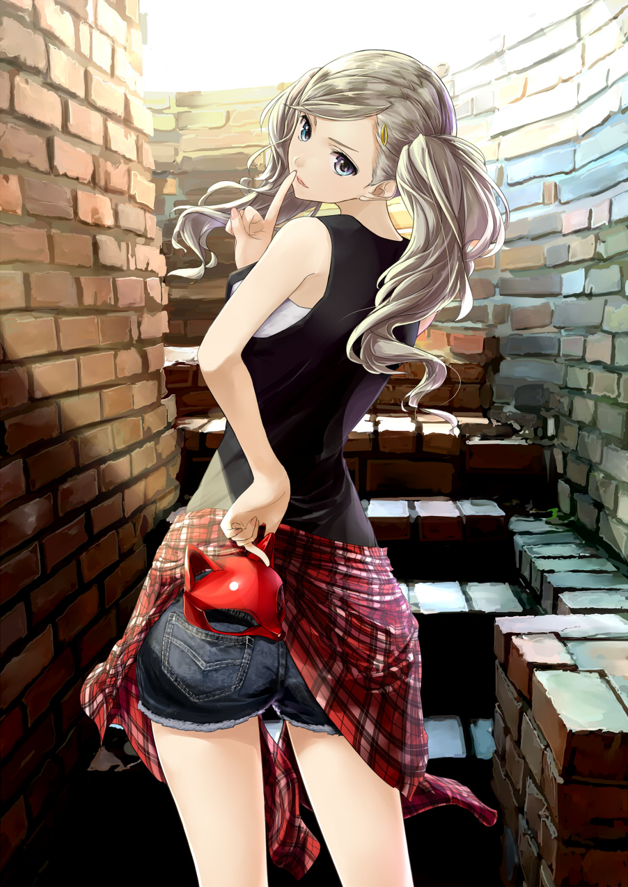 ass bangs blonde_hair blue_eyes brick_wall chef_no_kimagure_salad clothes_around_waist finger_to_mouth from_behind hair_ornament hairclip highres long_hair looking_back mask mask_removed persona persona_5 plaid plaid_shirt red_shirt shirt shirt_around_waist short_shorts shorts solo stairs swept_bangs takamaki_anne twintails