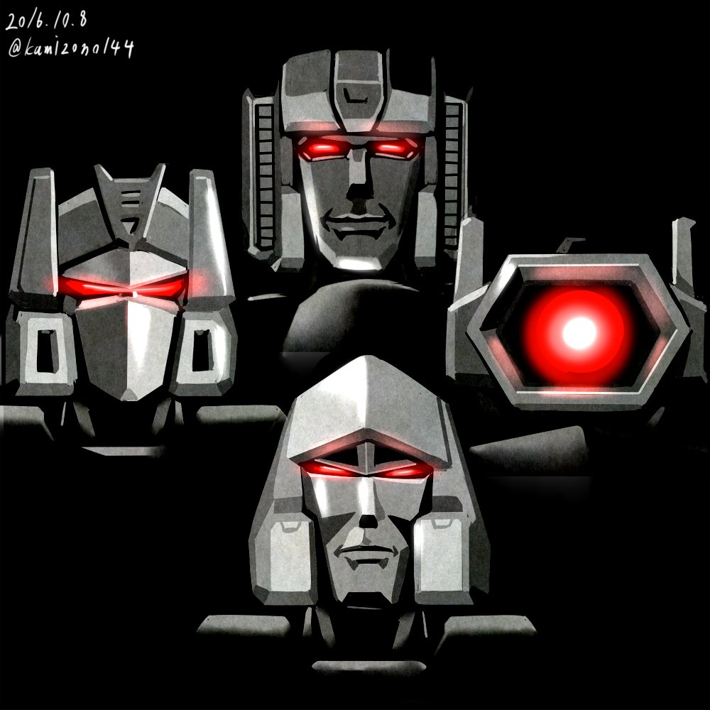 80s bohemian_rhapsody decepticon glowing glowing_eyes greyscale kamizono_(spookyhouse) mecha megatron monochrome multiple_boys no_humans oldschool queen_(band) red_eyes robot shockwave_(transformers) smile soundwave starscream transformers twitter_username