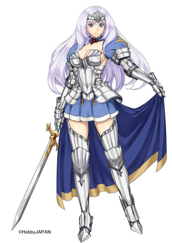 1girl annelotte armor armored_dress blue_eyes boots breasts cape choker cleavage contrapposto eiwa forehead_protector gauntlets greaves large_breasts legs long_hair lost_worlds purple_hair queen's_blade queen's_blade_rebellion skirt solo spaulders thigh_boots thighhighs thighs zettai_ryouiki