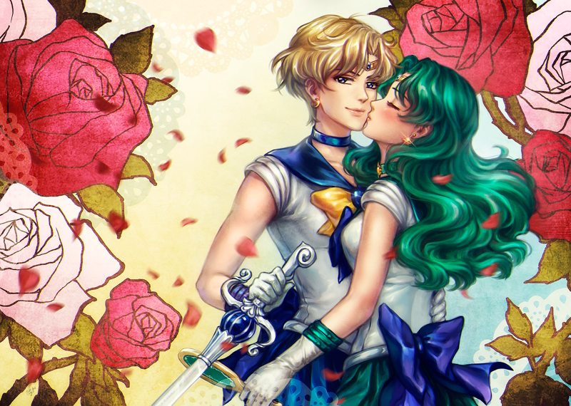 bishoujo_senshi_sailor_moon blonde_hair blue_choker blue_eyes blue_sailor_collar blue_skirt cheek_kiss choker circlet collarbone deep_aqua_mirror earrings elena_ivlyushkina flower gloves green_hair green_skirt jewelry kaiou_michiru kiss long_hair miniskirt motion_blur multiple_girls petals revision rose rose_petals sailor_collar sailor_neptune sailor_senshi_uniform sailor_uranus shiny short_hair skirt smile space_sword ten'ou_haruka very_short_hair white_gloves yuri