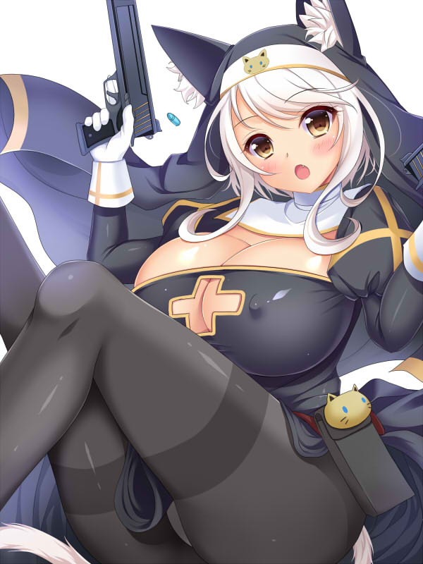 animal_ears black_legwear blush breasts bullet cat_ears cat_tail character_request cleavage cleavage_cutout covered_nipples cross eyebrows_visible_through_hair fang gun habit handgun holding holding_gun holding_weapon inma_kourin_devil_carnival large_breasts long_hair looking_at_viewer nun open_mouth pantyhose pistol seta_(monyun) solo tail thighband_pantyhose weapon white_hair yellow_eyes