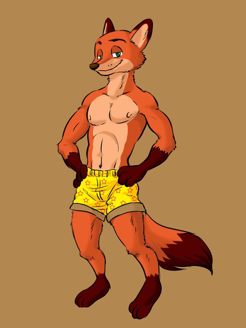 2016 anthro brown_fur canine clothing disney fox fur green_eyes harumino looking_at_viewer male mammal navel nick_wilde orange_fur simple_background smile solo standing tan_fur underwear zootopia