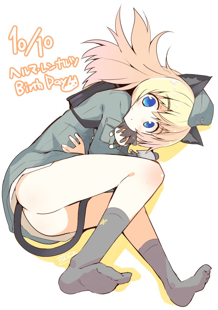 animal_ears birthday blonde_hair blue_eyes blush cat_ears character_name colored_shadow dated doll gertrud_barkhorn happy_birthday helma_lennartz holding holding_doll long_hair nanateru shadow smile socks solo tail uniform world_witches_series