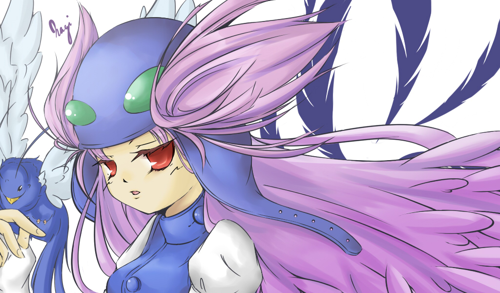 alternate_clothes alternate_eye_color alternate_outfit bird button character_name feather gym_leader helmet k_t_c long_hair nagi_(pokemon) open_mouth pokemon pokemon_(creature) pokemon_(game) pokemon_oras pokemon_rse purple_hair red_eyes swablu