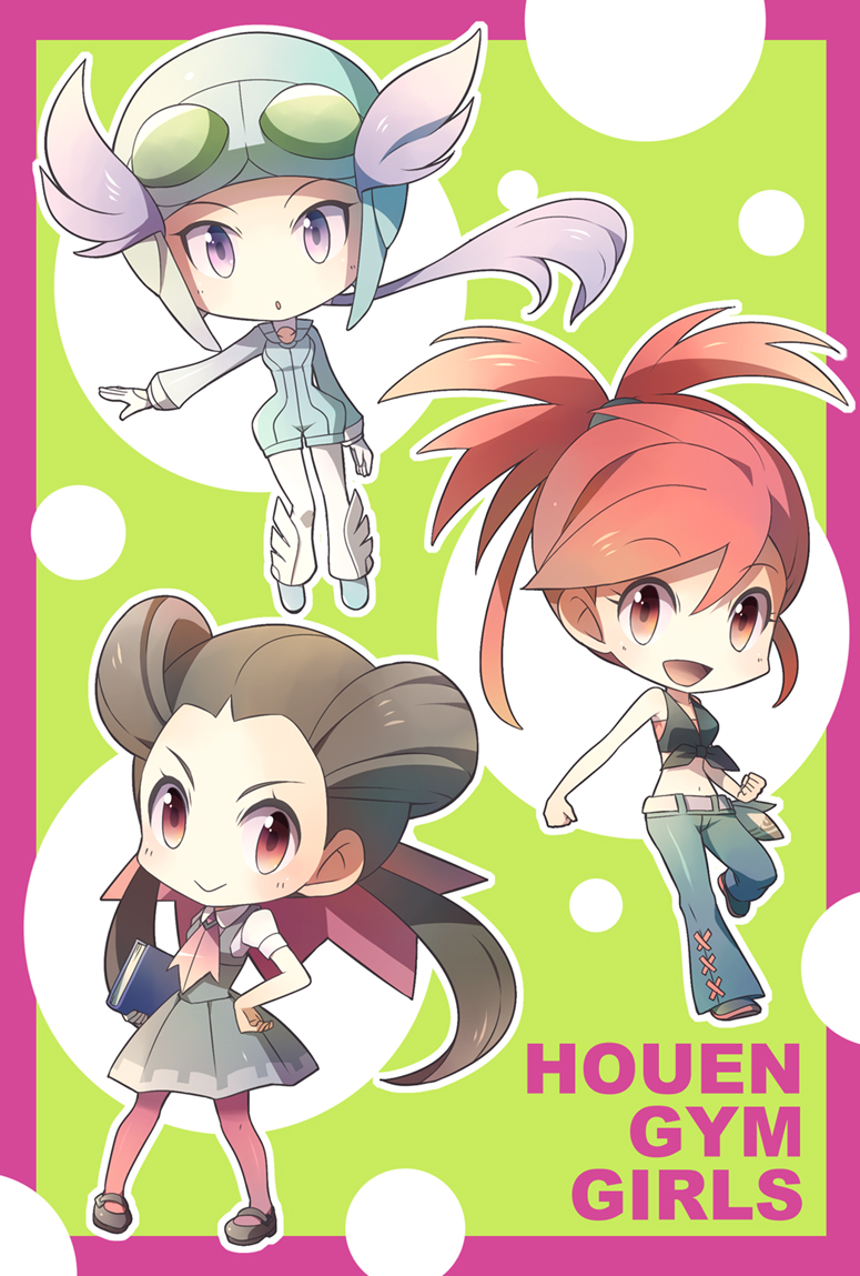 3girls asuna_(pokemon) book brown_hair chibi full_body goggles goggles_on_head gym_leader hair_ornament hand_on_hips helmet lavender_eyes lavender_hair nagi_(pokemon) open_mouth outstretched_arm pokemon pokemon_(game) pokemon_oras ponytail red_eyes red_hair school_uniform shoes smile text tsutsuji_(pokemon) twintails